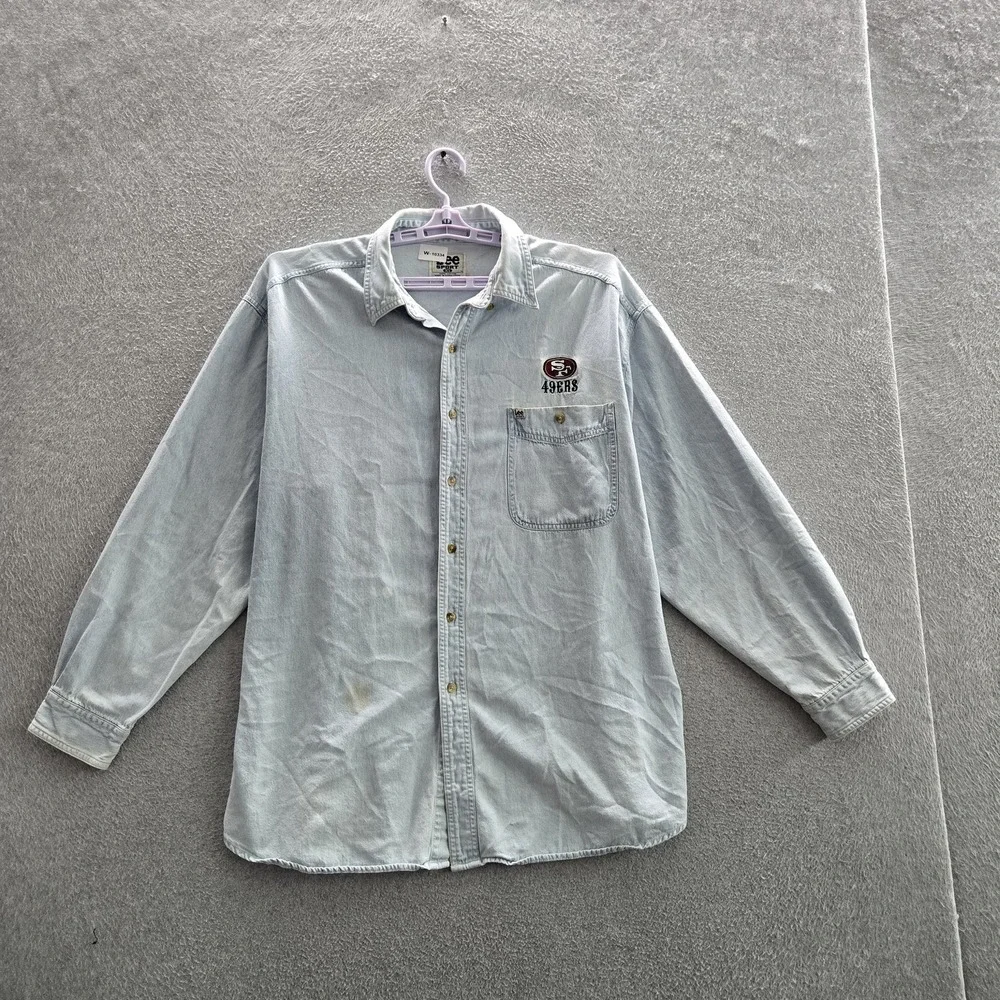 San Francisco 49ers Men Button Up Shirt XL Light Blue Denim Embroidered Lee READ